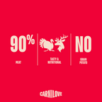 Atouts Carnilove sur fond rouge : 90 % de viande, sans céréales ni pomme de terre