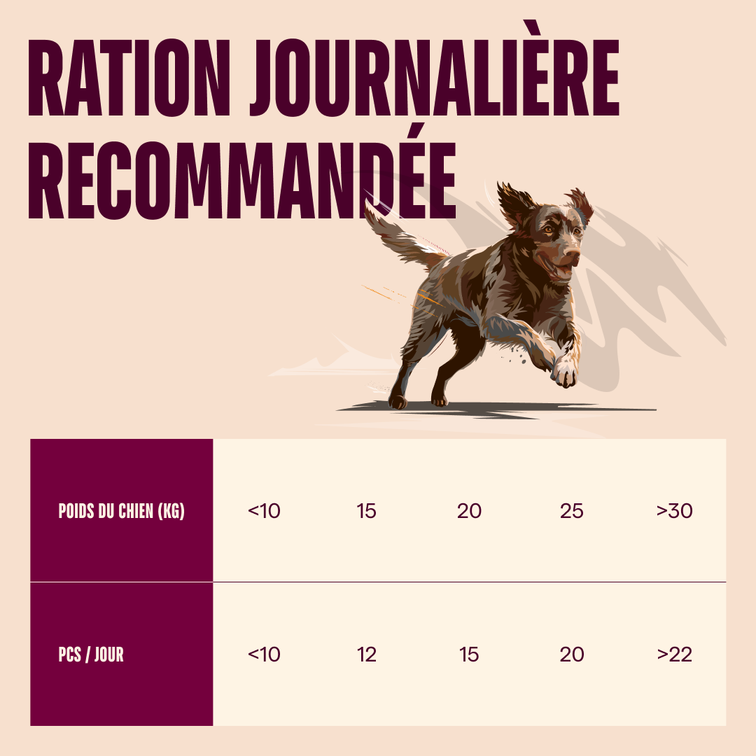 Ration journalière recommandée des friandises Carnilove agneau selon le poids du chien