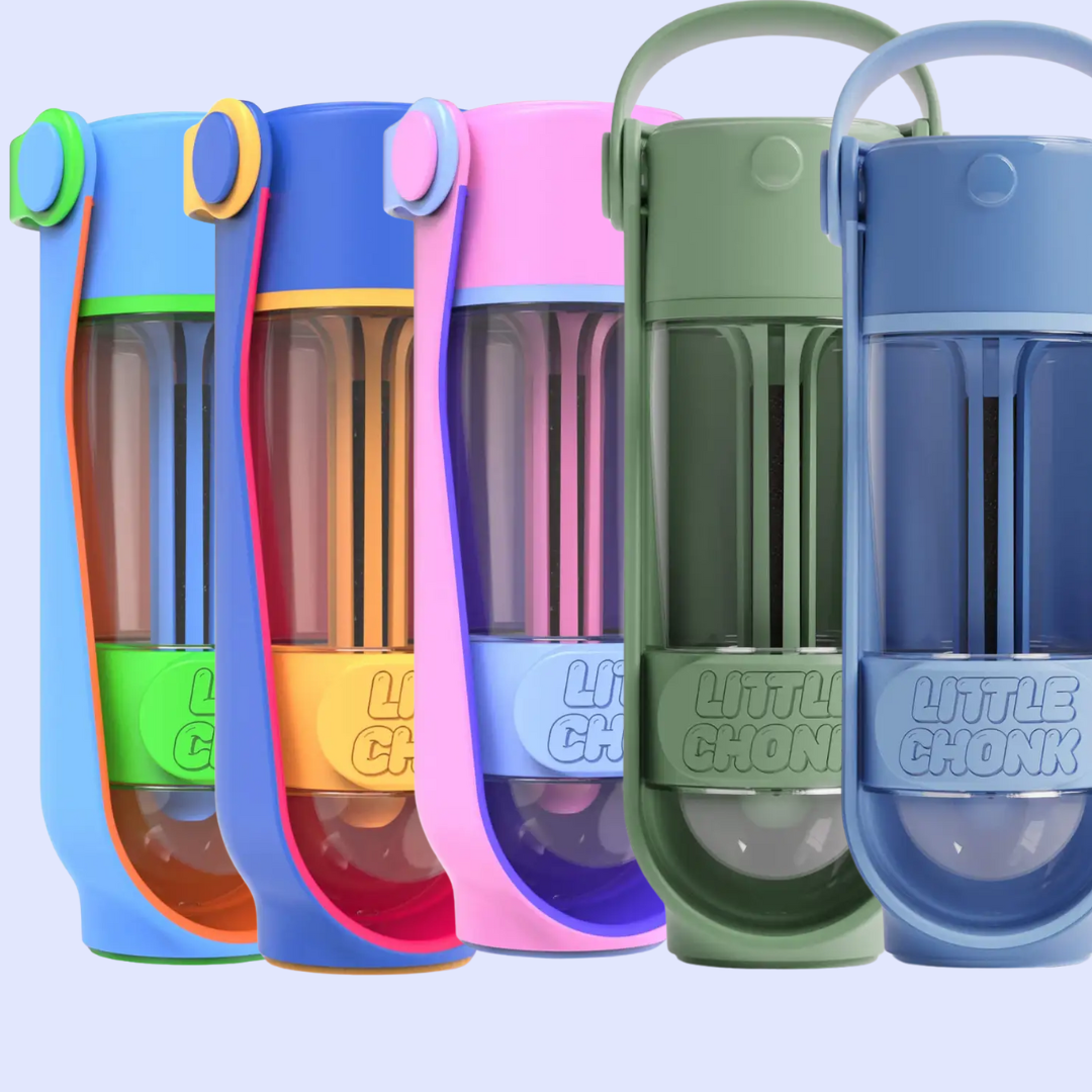Toute la gamme de gourdes en cinq couleurs alignées