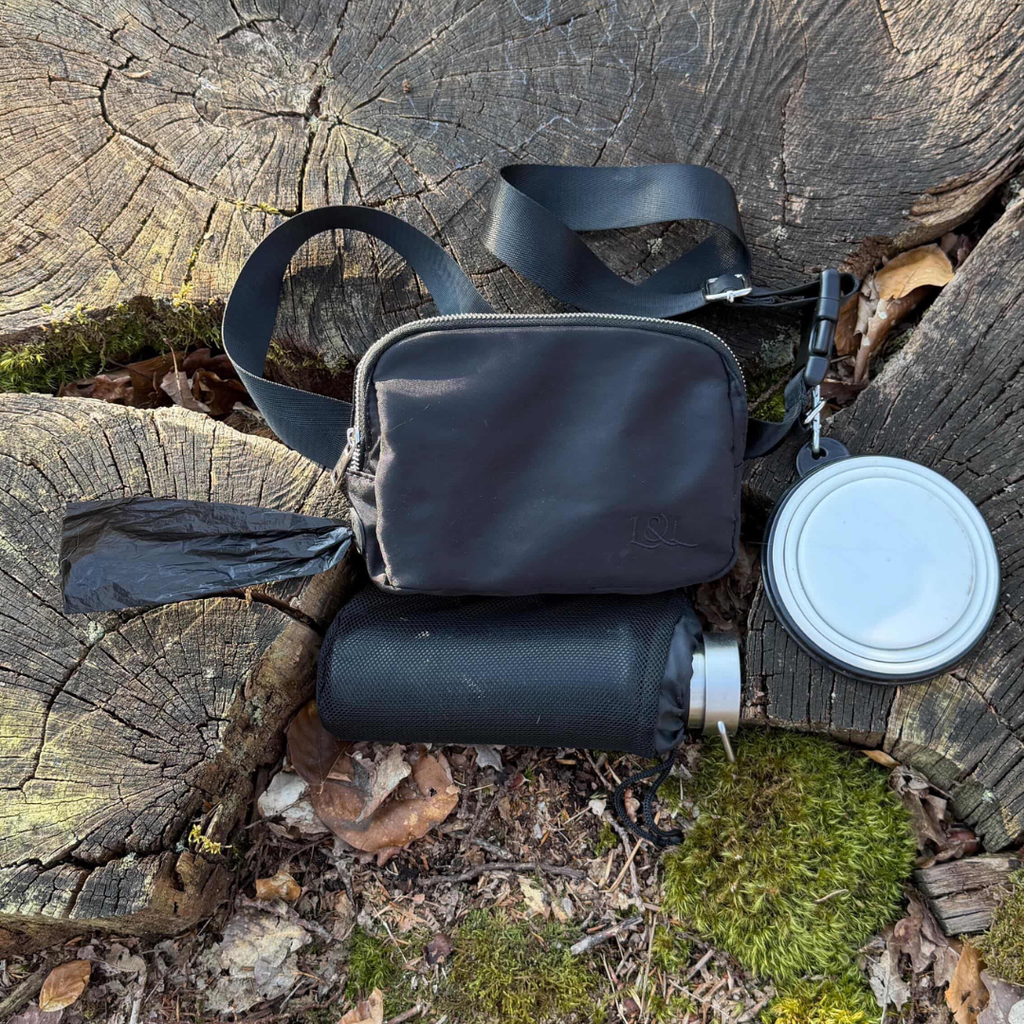 Sac marine, gourde et bol posés sur une souche