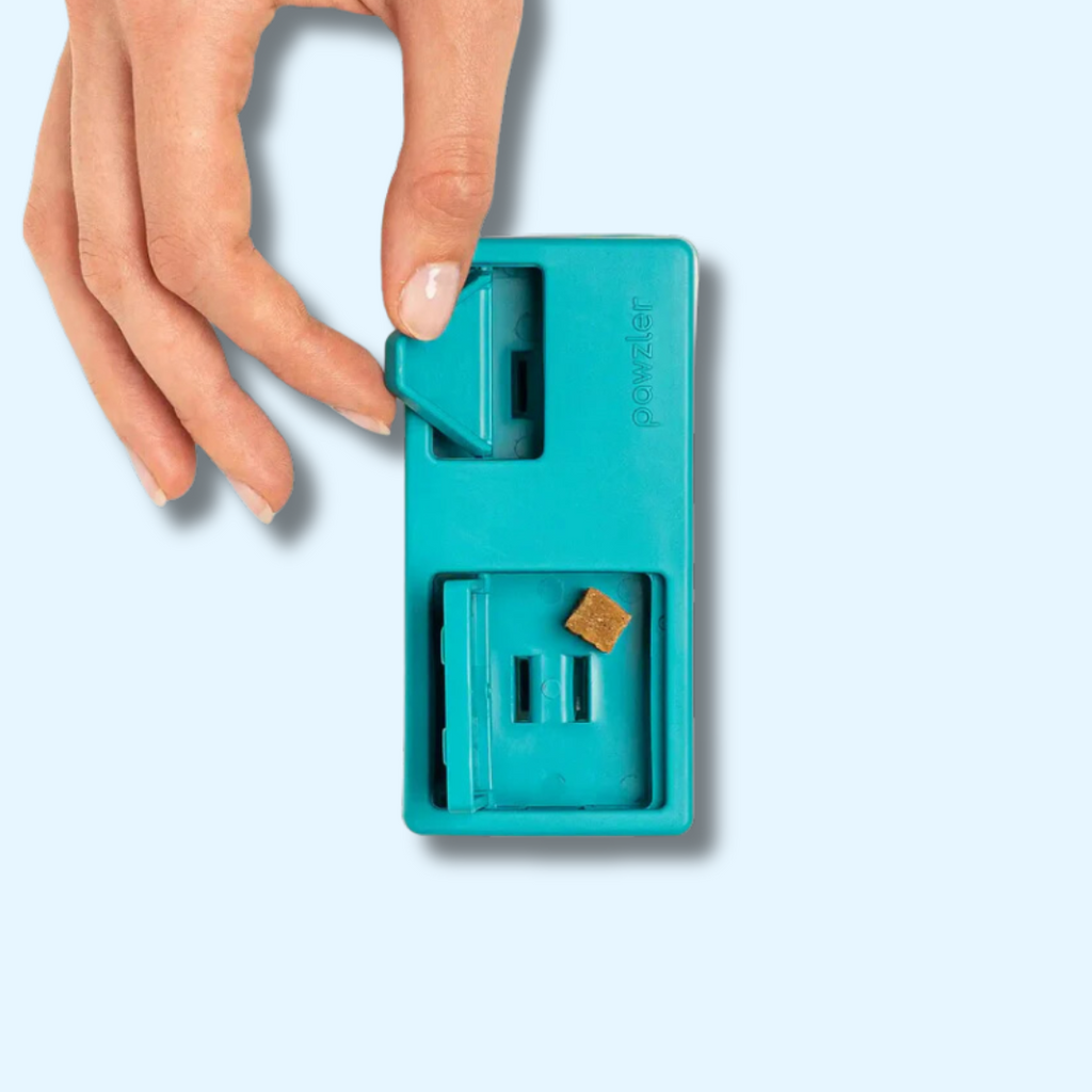 Main manipulant le clapet turquoise pour cacher une friandise