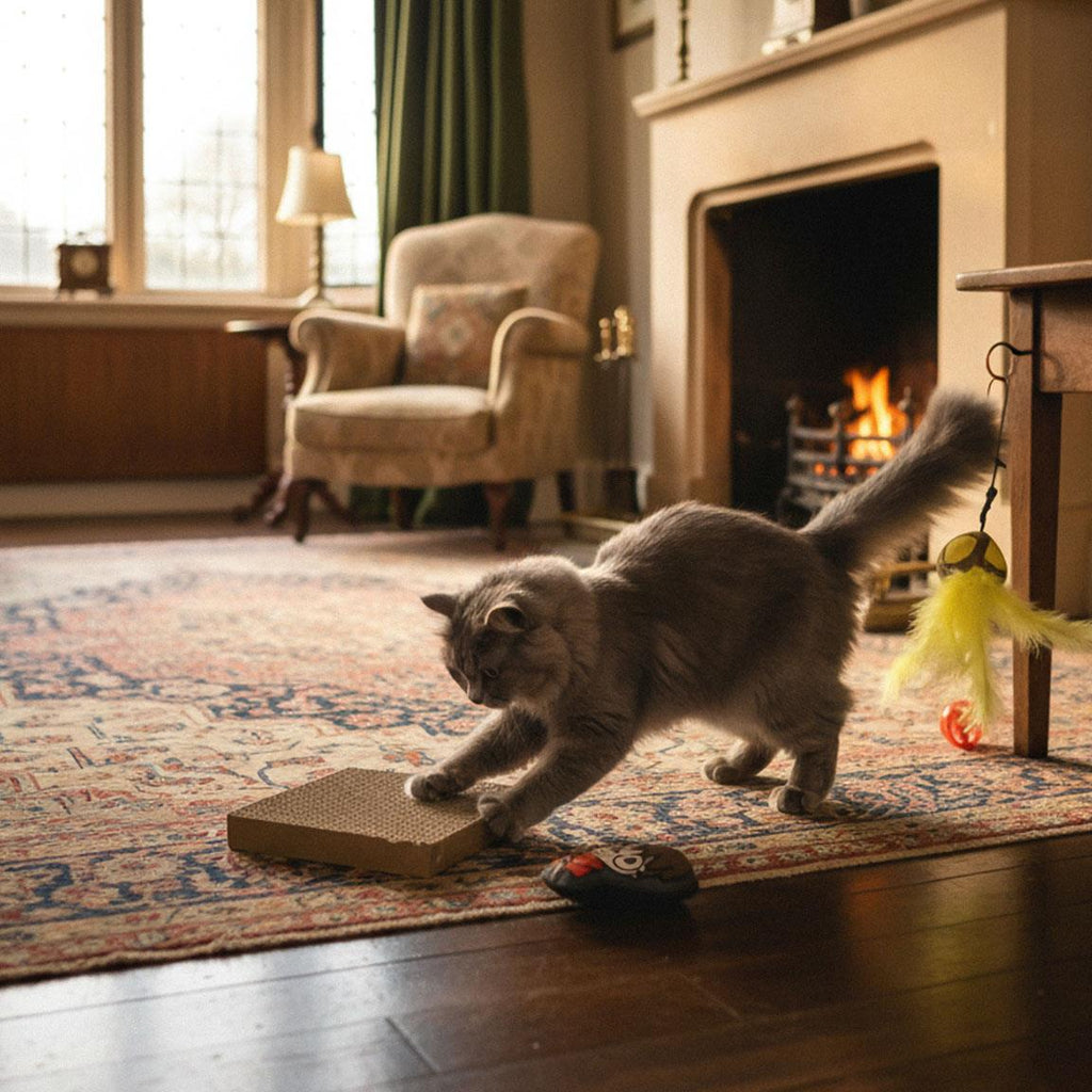 Chat attrapant les plumes jaunes près d'une cheminée