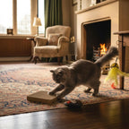 Chat attrapant les plumes jaunes près d'une cheminée