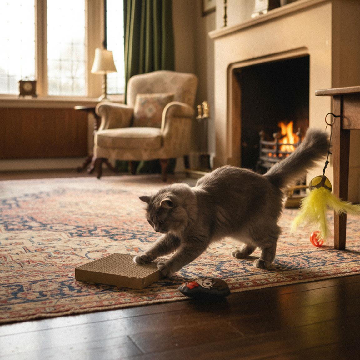 Chat attrapant les plumes jaunes près d'une cheminée
