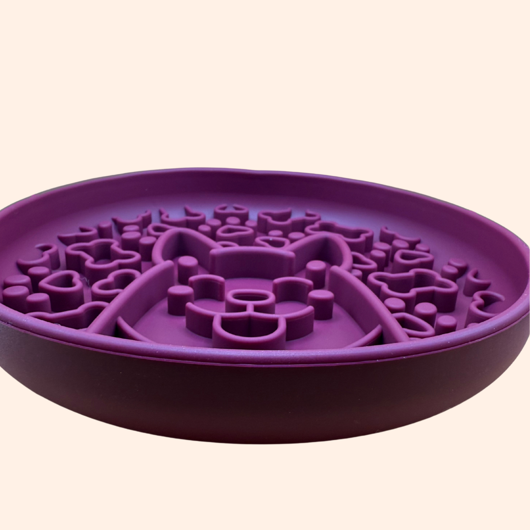 Gamelle corgi violette vue de profil, reliefs visibles