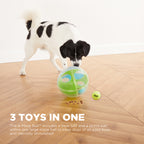 Chien noir et blanc jouant avec la boule, trois jouets en un