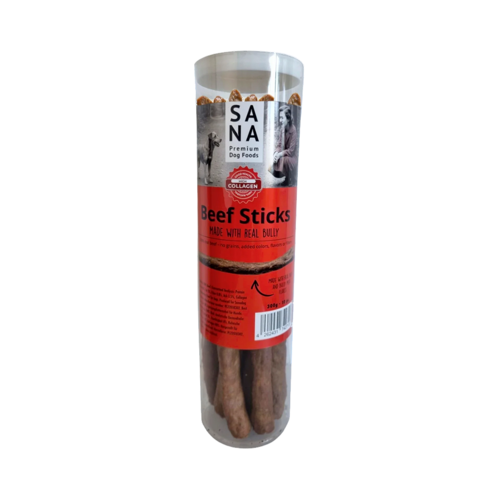 Tube SANA Beef Sticks transparent rempli de bâtonnets