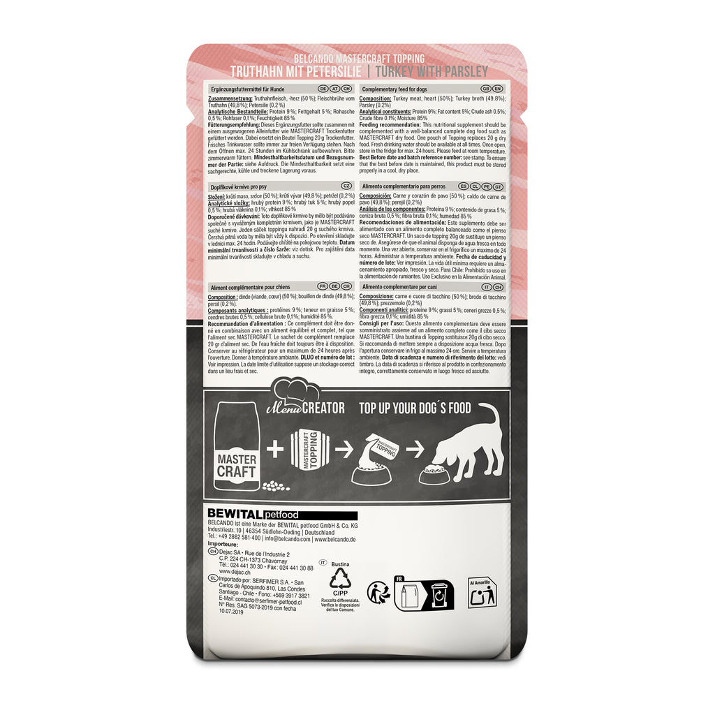 Verso du sachet de topper Belcando Mastercraft dinde & persil avec la composition