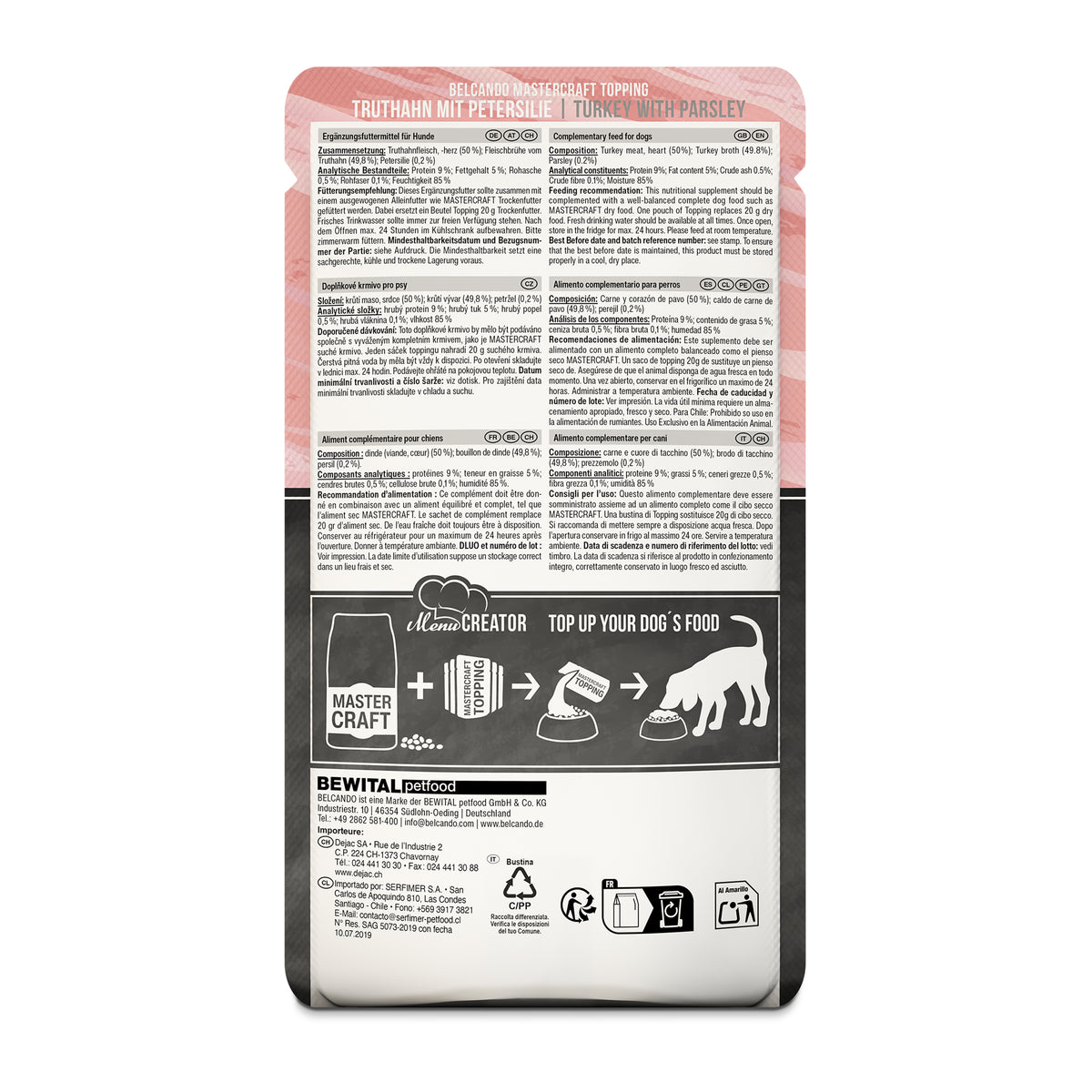 Verso du sachet de topper Belcando Mastercraft dinde & persil avec la composition