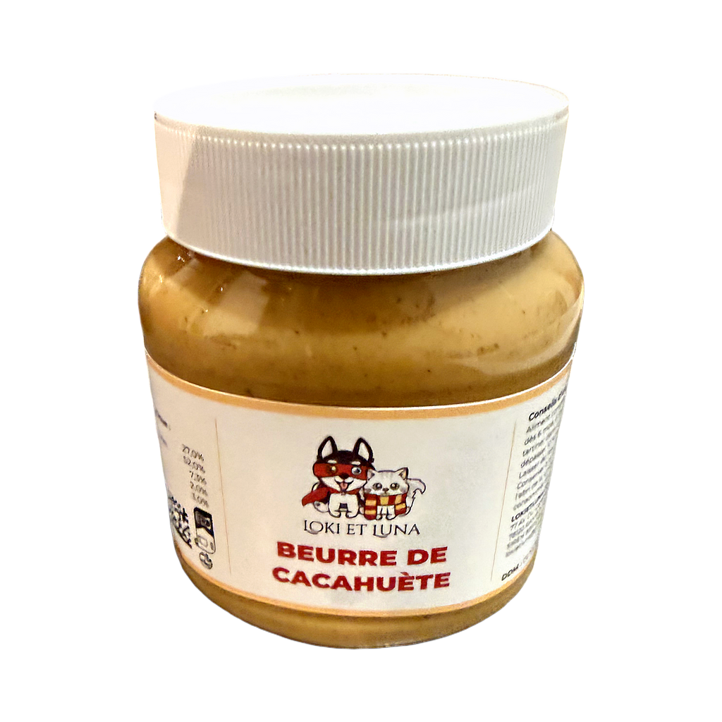 Pot de beurre de cacahuète pour chien Loki et Luna vu de trois quarts, couvercle blanc