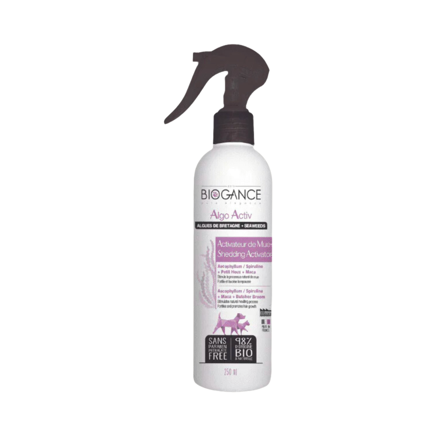 Flacon spray blanc à gâchette noire, étiquette rose et violette