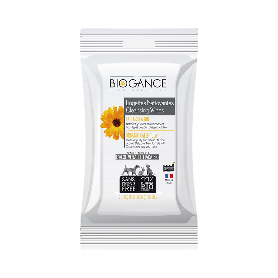 Sachet blanc refermable orné d'une fleur de calendula orange