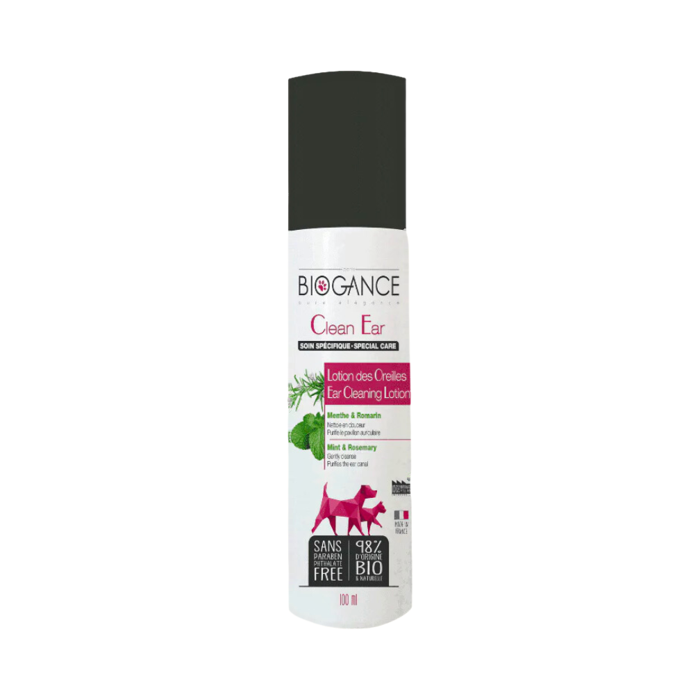 Flacon blanc Clean Ear à bouchon noir, étiquette verte et rose