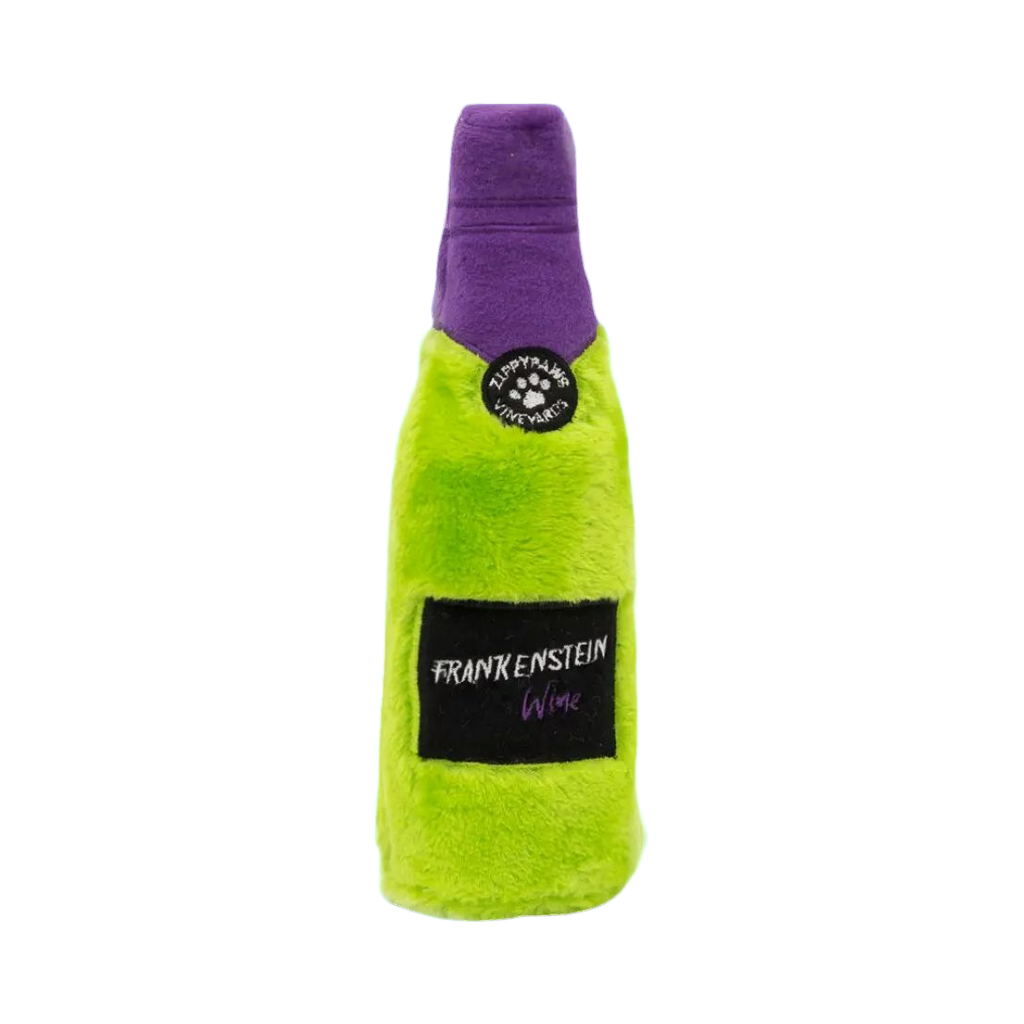 Bouteille vert fluo au goulot violet et étiquette noire
