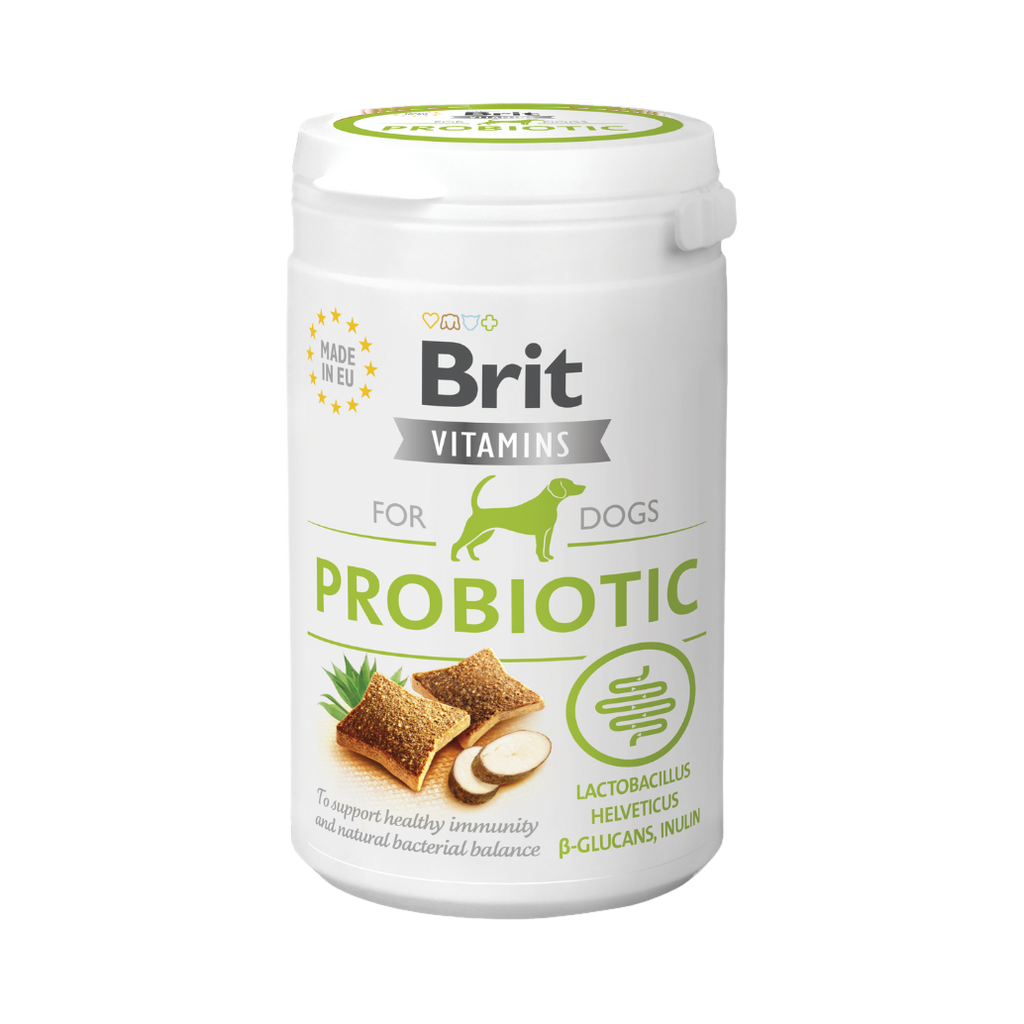 Pot blanc Brit Vitamins Probiotic, bouchées et chien vert sur l'étiquette