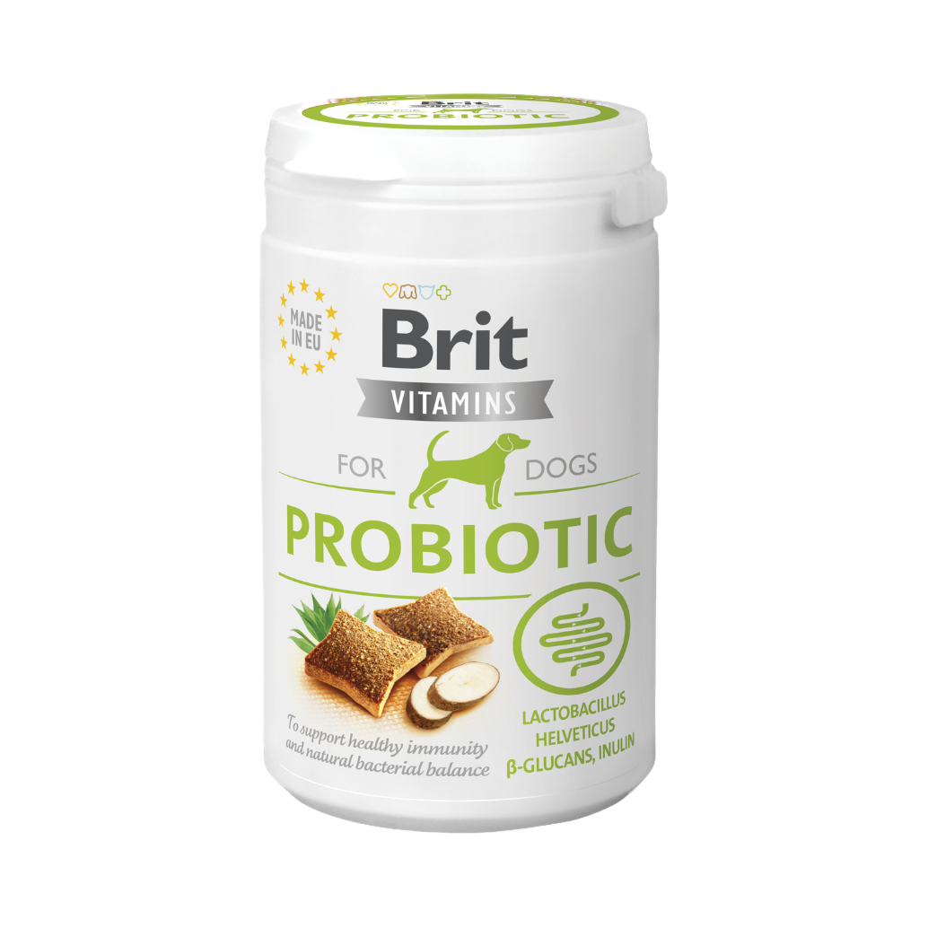 Pot blanc Brit Vitamins Probiotic, bouchées et chien vert sur l'étiquette