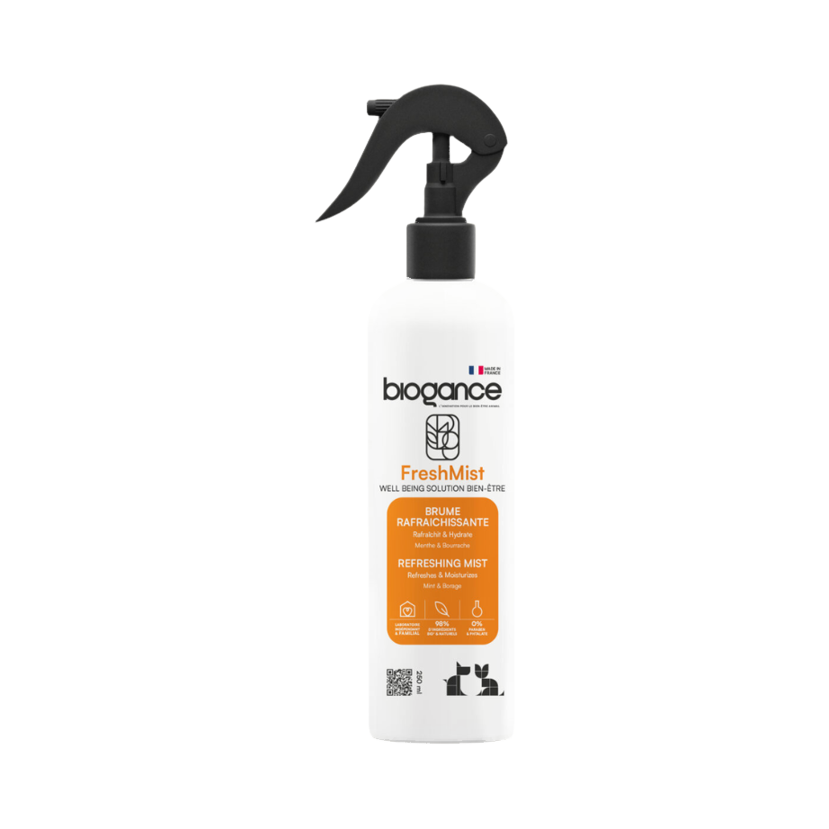 Flacon spray blanc à gâchette noire, étiquette orange