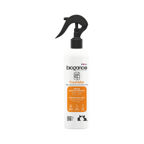 Flacon spray blanc à gâchette noire, étiquette orange