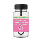 Flacon Meaty Bubbles à étiquette rose illustrée d'un gâteau