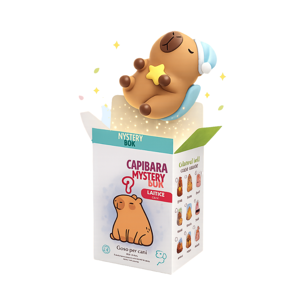 Boîte Capibara Mystery Box ouverte, capybara endormi et étincelles