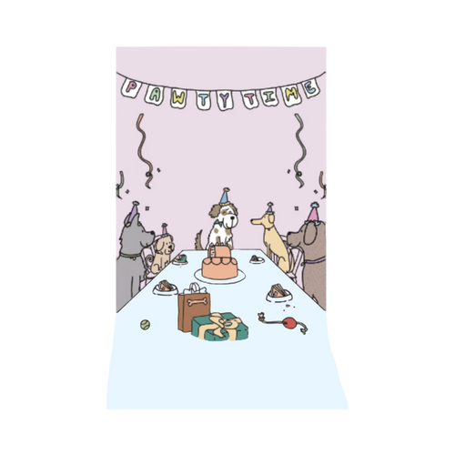 Carte illustrée de chiens fêtant autour d'un gâteau, guirlande