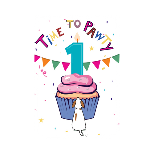 Carte Time to Pawty, cupcake rose et bougie numéro 1