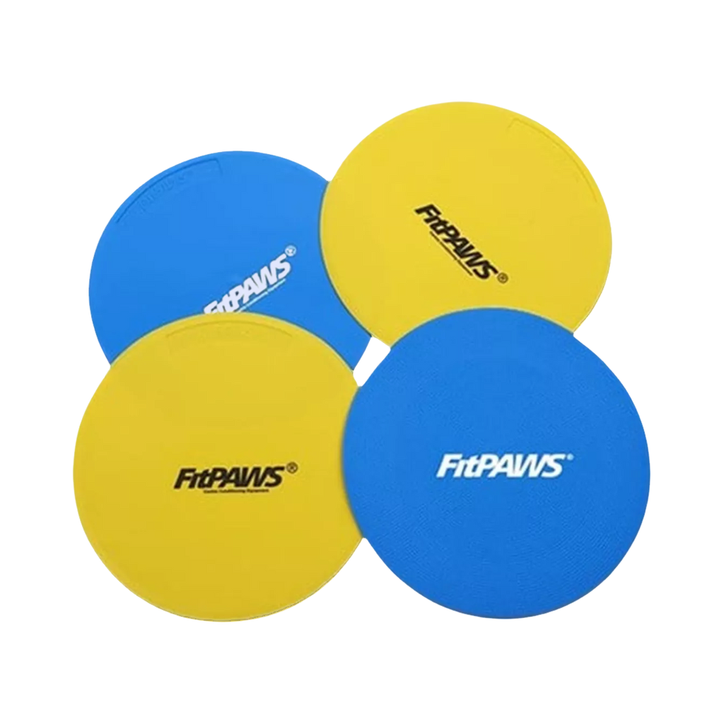 Quatre disques plats bleus et jaunes empilés