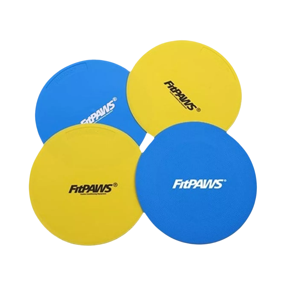 Quatre disques plats bleus et jaunes empilés