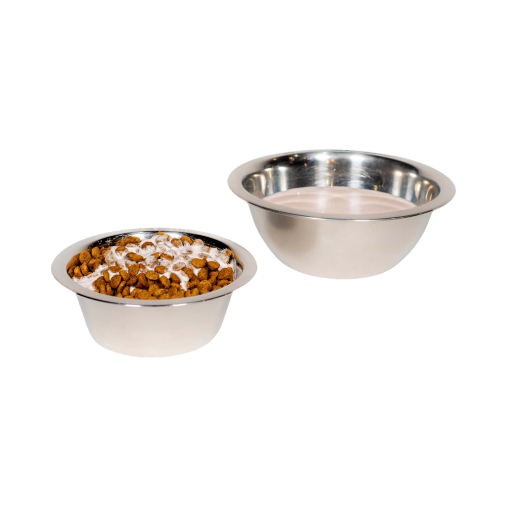 Deux gamelles inox, croquettes et kéfir versé