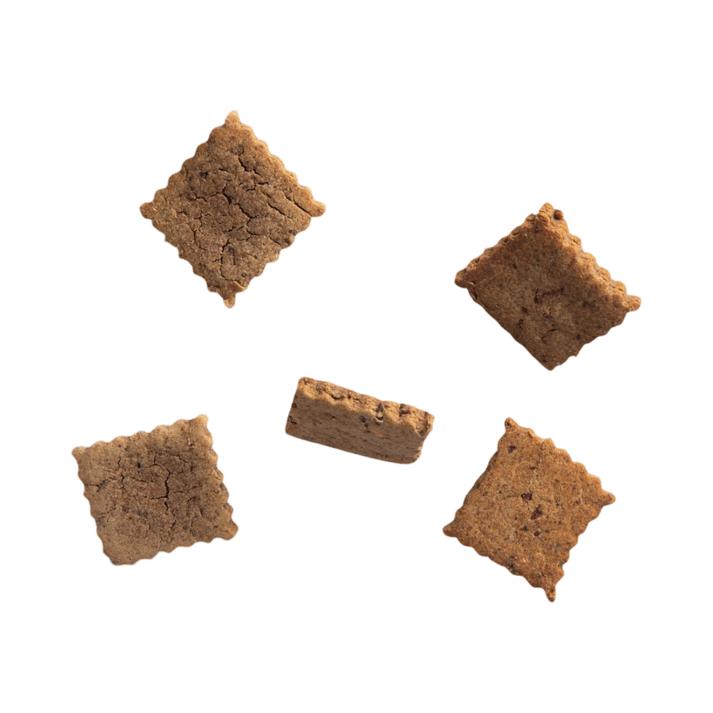 Cinq cookies carrés au pâté de foie éparpillés