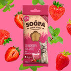 Paquet Soopa fraise entouré de fraises et de feuilles de menthe