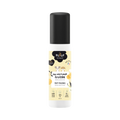 Flacon blanc à bouchon noir, étiquette jaune aux agrumes illustrée