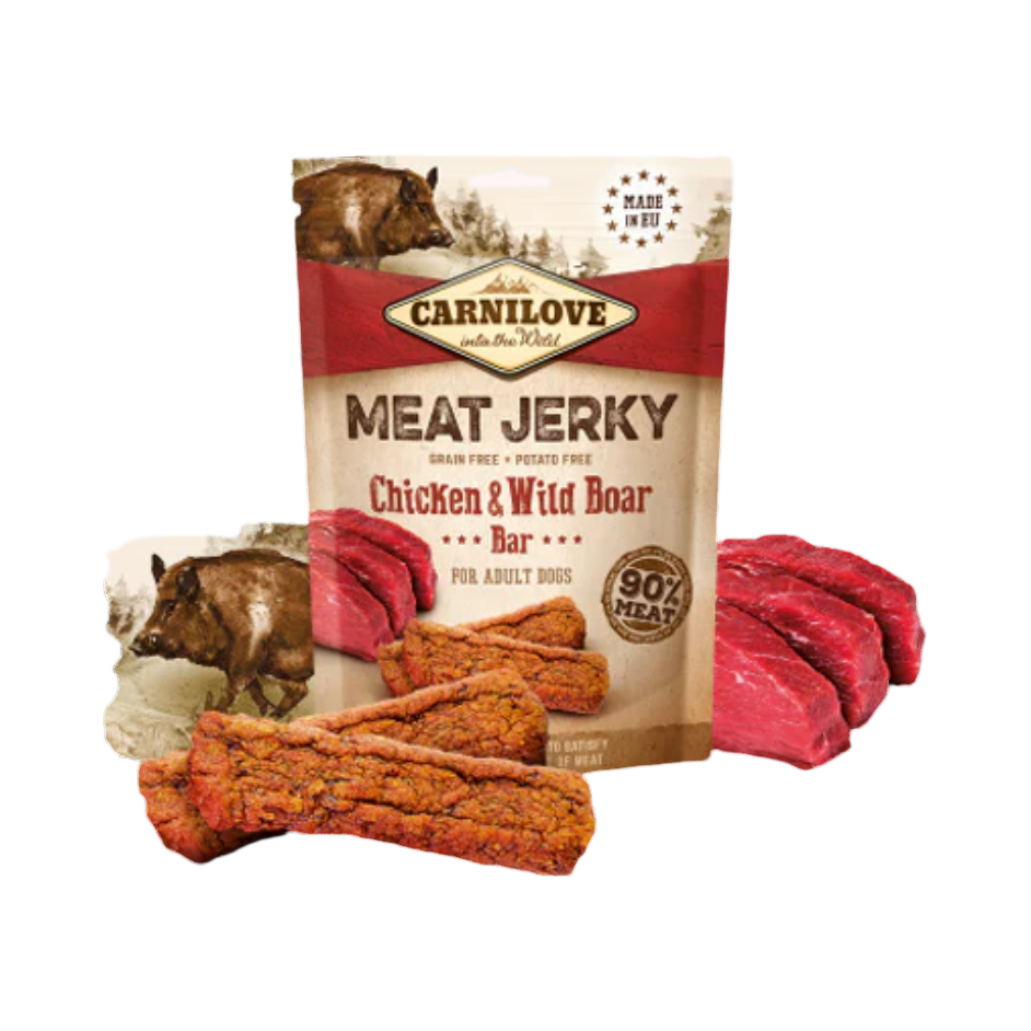 Sachet Carnilove Meat Jerky poulet et sanglier avec bâtonnets et viande crue