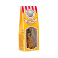 Sachet jaune à rayures rouges avec fenêtre, sucettes visibles