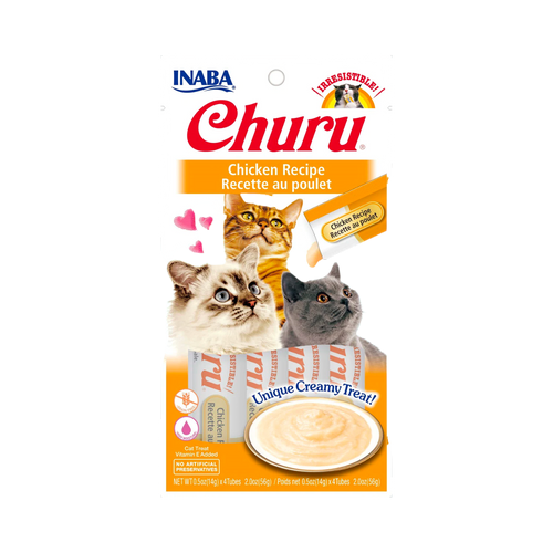 Étui Inaba Churu Chicken Recipe avec deux chats et une coupelle de crème