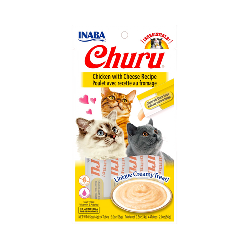Étui Inaba Churu poulet fromage jaune avec deux chats