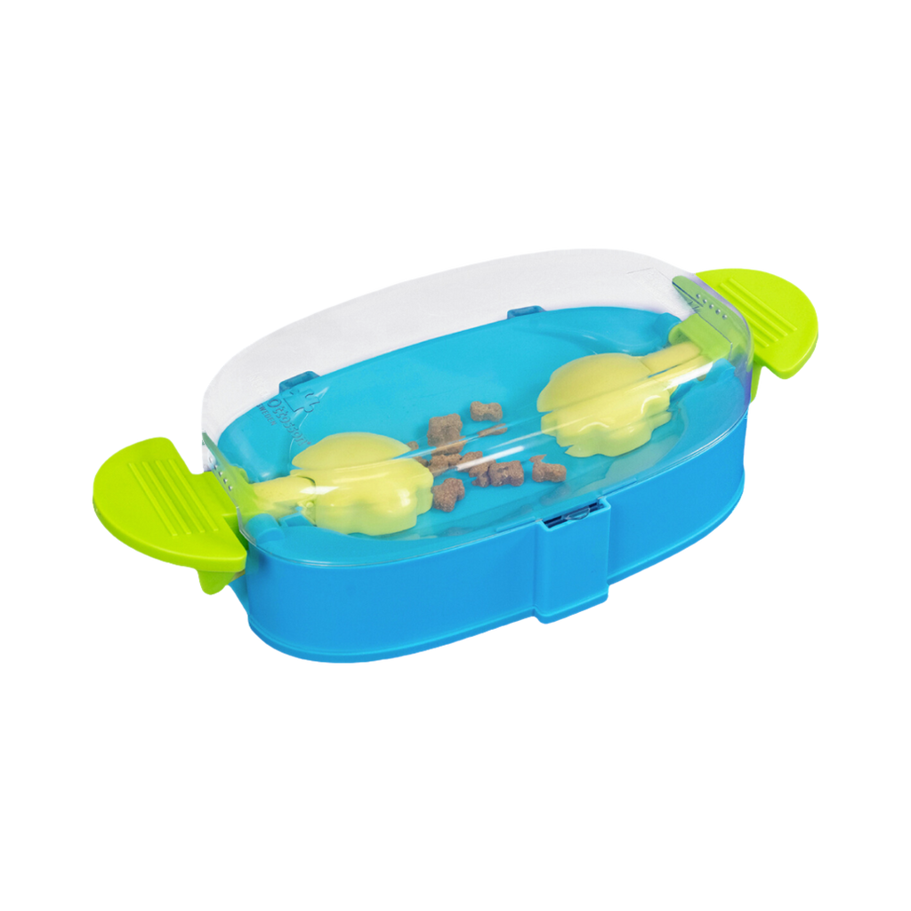 Boîte bleue à couvercle transparent et poignées vertes avec croquettes