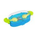 Boîte bleue à couvercle transparent et poignées vertes avec croquettes