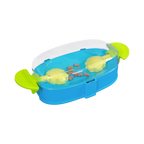 Boîte bleue à couvercle transparent et poignées vertes avec croquettes