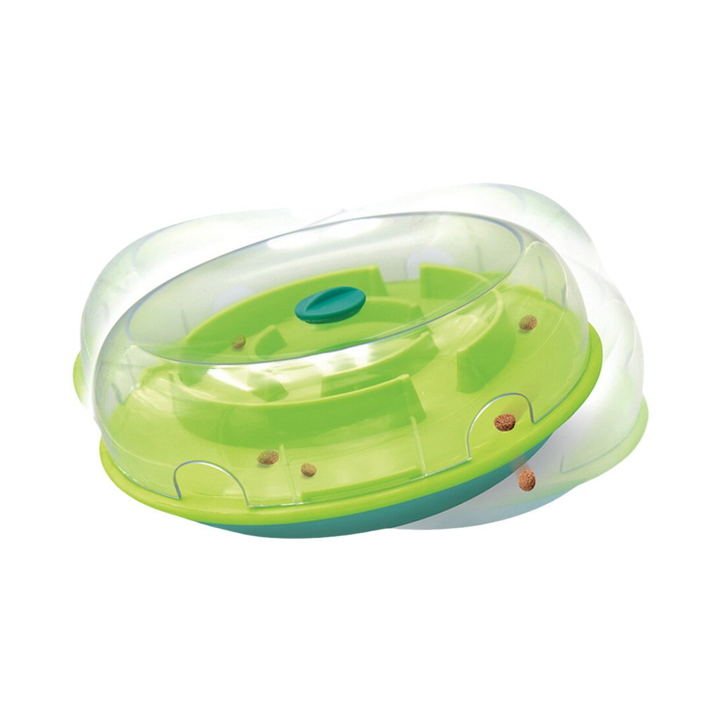 Disque vert basculant sous dôme transparent avec croquettes