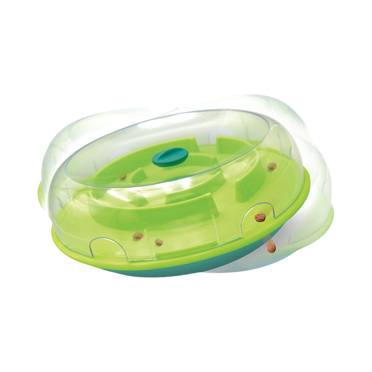 Disque vert basculant sous dôme transparent avec croquettes