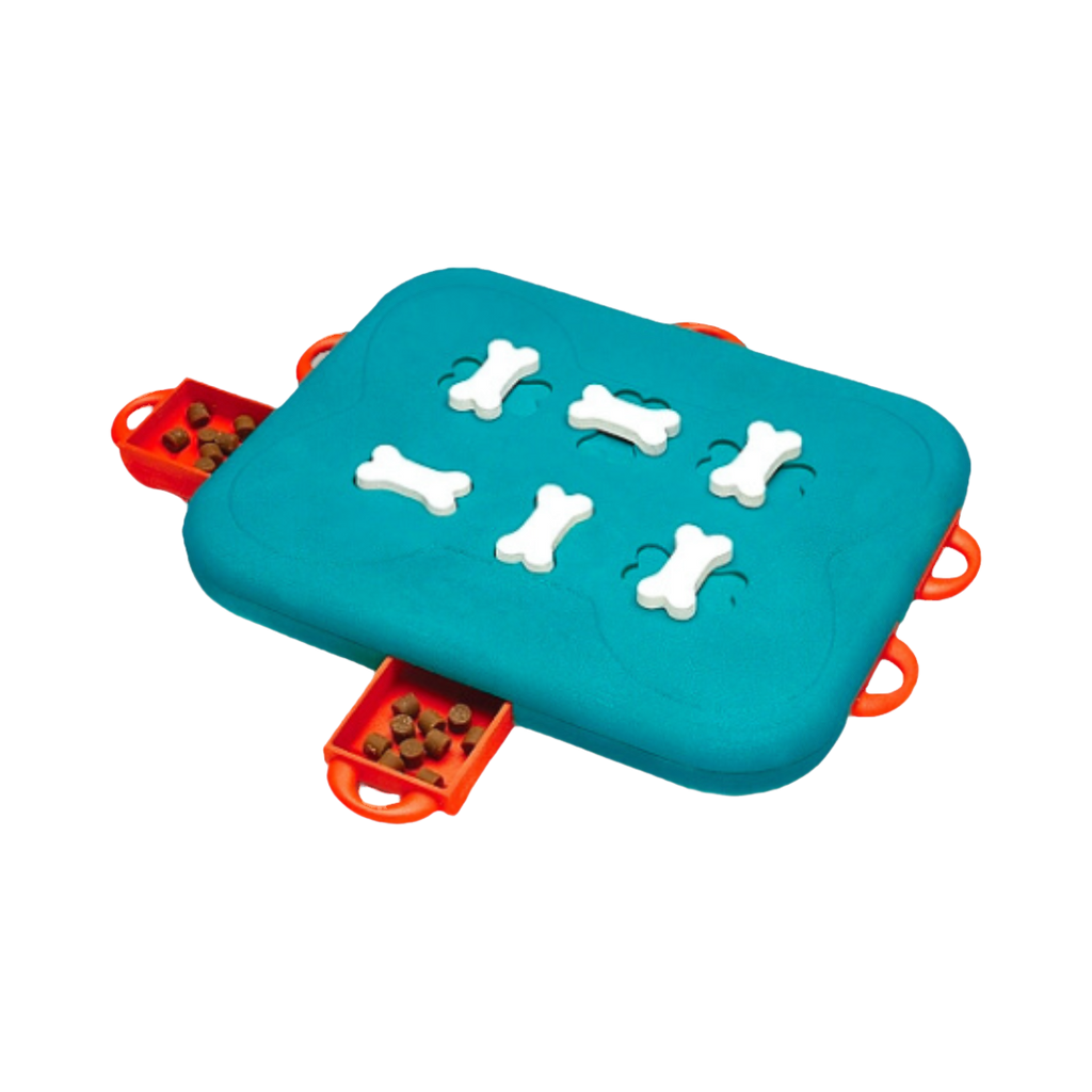Plateau turquoise à os blancs et tiroirs orange