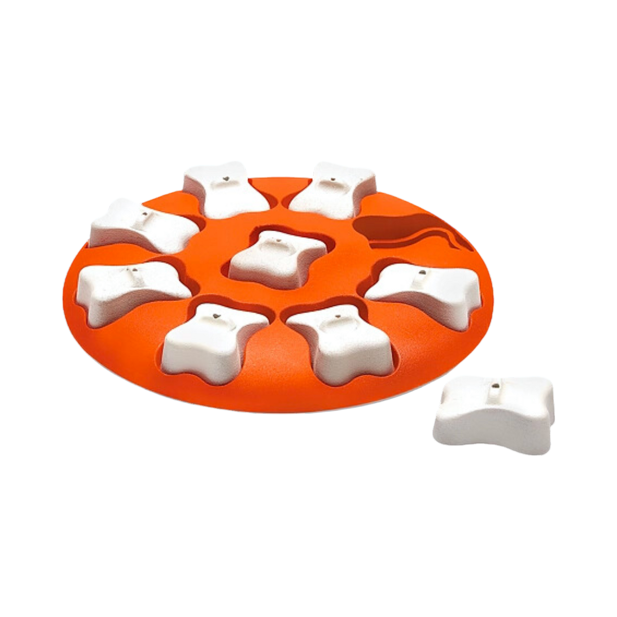 Disque orange avec neuf os blancs amovibles cachant les friandises