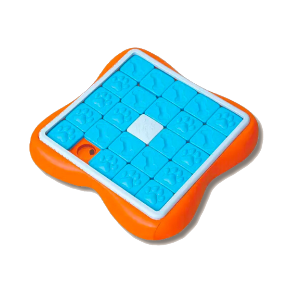 Plateau Challenge Slider Nina Ottosson, cases bleues coulissantes sur socle orange