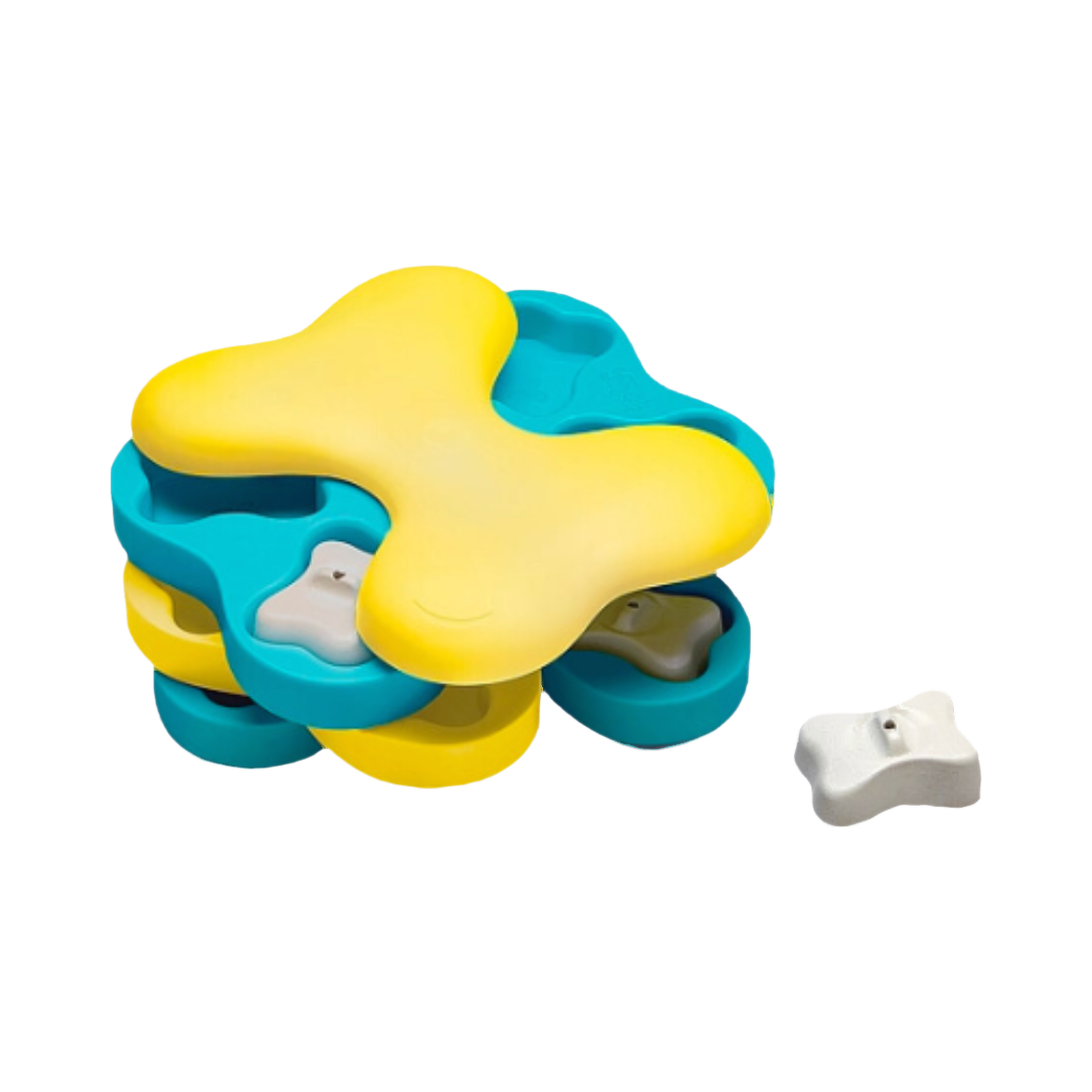 Puzzle rotatif à étages bleu et jaune avec os blanc amovible