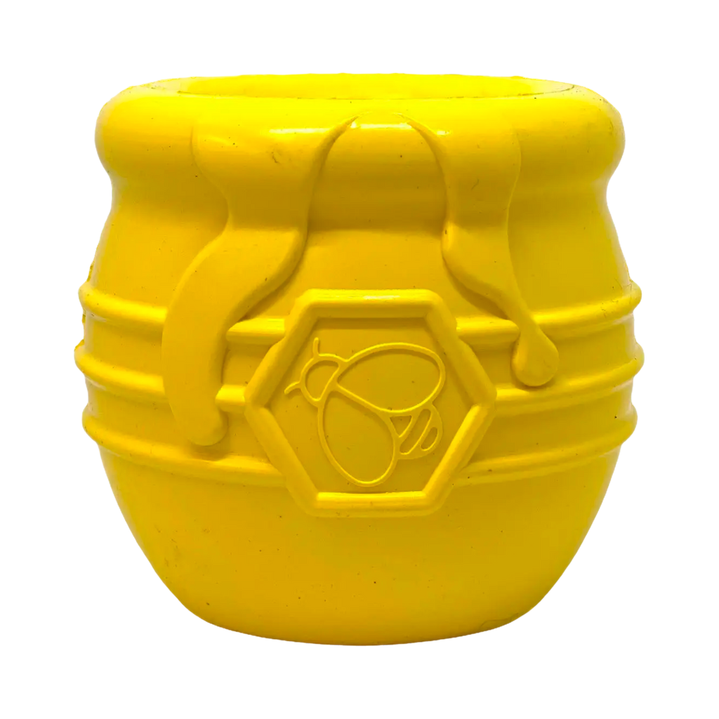 Pot jaune vu de face, motif alvéoles