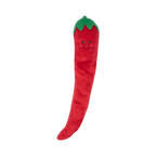 Long piment rouge souriant à la queue verte, vu de face