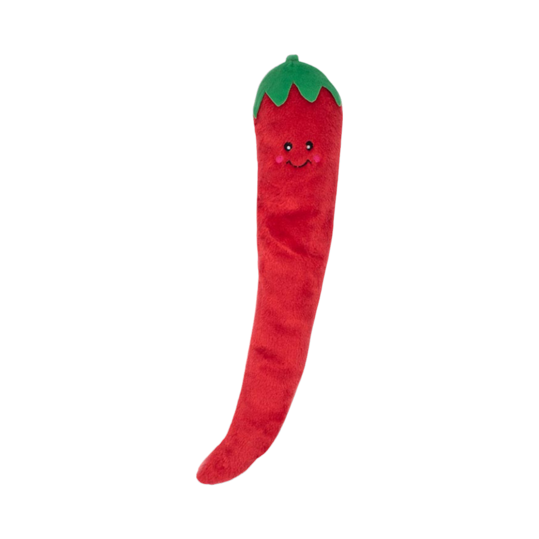 Long piment rouge souriant à la queue verte, vu de face