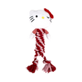 Chat blanc au nœud rouge sur corde tressée rouge et blanche