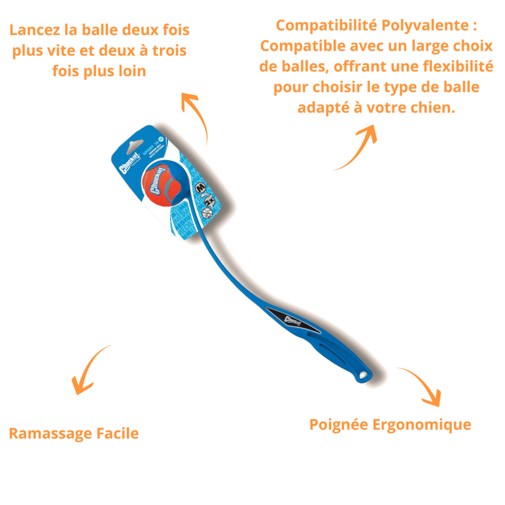 Lanceur bleu présenté avec ses atouts : ramassage facile, poignée ergonomique